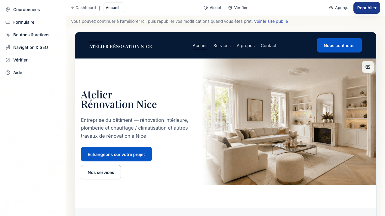 Éditeur SWIPOOL affichant un site bâtiment généré