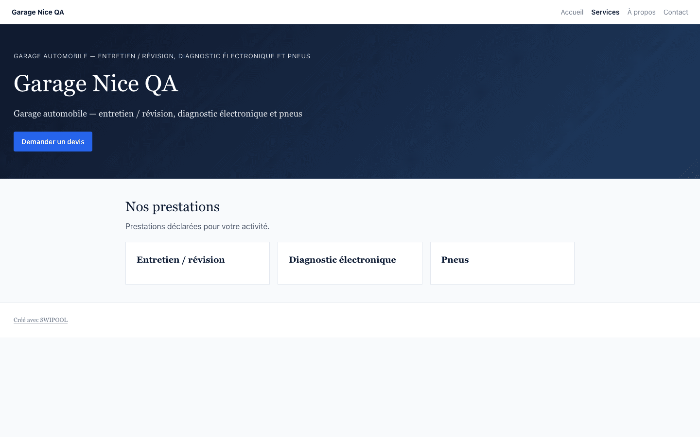Page services d’un site garage créé avec SWIPOOL